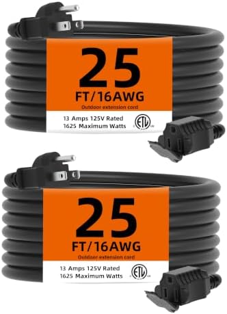 TiFFCOFiO Indoor Outdoor Extension Cord Waterproof, 25 Feet 3 Prong Power Cord for Home and Garden, 16 AWG, 13A/1625W, ETL Listed (25 FT) (25FT, 2 Packs) by TiFFCOFiO