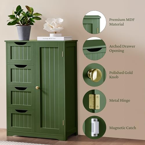 Yaheetech Small Bathroom Storage Cabinet with 4 Drawers & Door, Green - Image 4