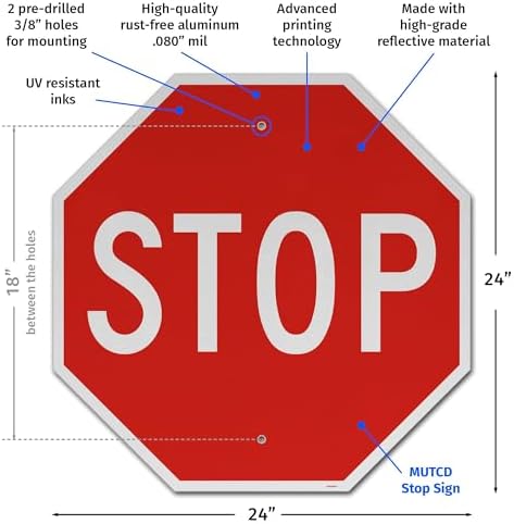 BRIMAR 24-Inch MUTCD Stop Sign, Engineering Grade Reflective Aluminum, Red - Image 2