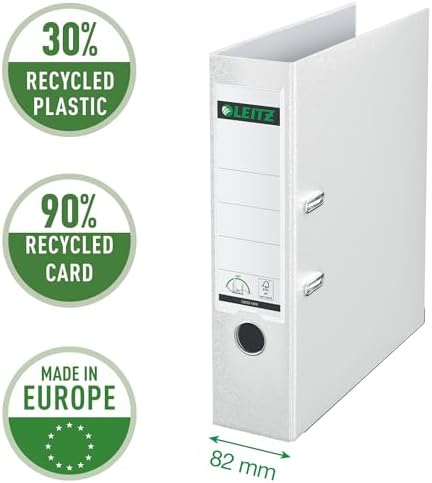 Leitz Plastic Lever Arch File, 90 Percent Recycled Card, 30 Percent Pre-Consumer Recycled Plastic, with Thumbhole and Rado Rings, 80mm Spine 600 Sheet Capacity, White, 10101001 - Image 2