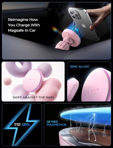 LISEN 15W MagSafe Car Mount Charger for iPhone 18 Pro Max, [Light Pink] Magnetic Wireless Car Charger, Dashboard & Air Vent Car Phone Holder Mount for iPhone 17-12, Samsung, Car Accessories for Women - Image 6