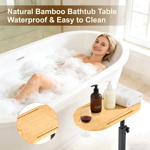 Bamboo Bathtub Side Table, Height Adjustable Bath Caddy Tray - Image 6