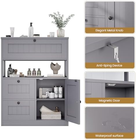 GRUSIGN Bathroom Cabinet, Modern Bathroom Floor Storage Cabinet Organizer with 1 Door and 3 Drawers, Freestanding Cupboard for Kitchen/Living Room Use - Image 6