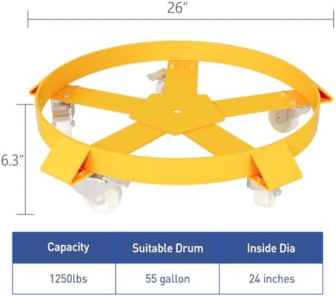 55 Gallon Drum Dolly, 1250 Lbs Heavy Duty Barrel Dolly Cart with Steel Frame, 5 Swivel Casters & 2 Locking Wheels, 1 Pack, Yellow - Image 6