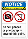 No Cell Phones Or Photography Beyond This Point Sign, ANSI Notice Sign, by SigoSigns