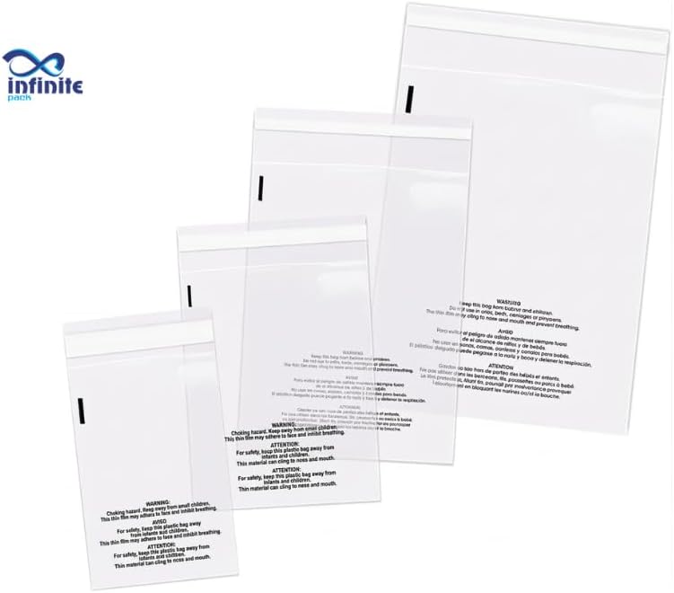 Infinite Pack 400 CT Combo 4x6,5x7,6x9,8x10 inches Self Sealing Clear Poly Bags w/Suffocation Warning, Strong Adhesive, Not Resealable, FBA compliant - Image 2