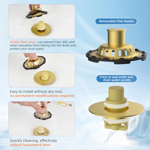 Universal Bathtub Drain Stopper, 2PCS Metal Shower Hair Catcher, Brushed Gold - Image 5