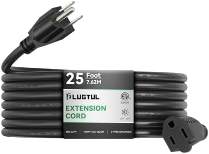 PLUGTUL Outdoor Extension Cord 25 FT | 16/3 Gauge Black Heavy Duty 3 Prong Extension Cord, 13A 1625W SJTW, ETL Listed, Great for Garden and Home by PLUGTUL