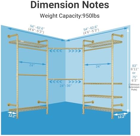 Timate L3 L Shape Gold Heavy Duty Clothes Rack, Industrial Pipe Wall Mounted, Adjustable 6 Shelves, 5 Closet Rods, Space Saving - Image 4