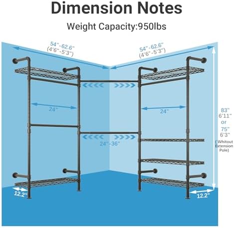 Timate L3 L Shape Garment Rack Heavy Duty Clothes Rack for Hanging Clothes, Expandable Industrial Pipe Wall Mounted Clothing Rack, Adjustable Corner Closet Wardrobe Closet Kit Closet Systems, Black - Image 4