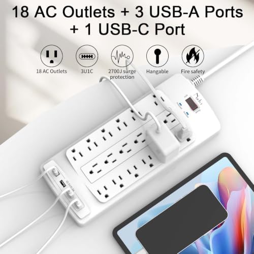 18 Outlets Surge Protector Power Strip - Nuetsa 6 Feet Flat Plug Heavy Duty Extension Cord with 18 Widely Outlets and 4 USB Ports, 2100 Joules, White, ETL Listed - Image 2