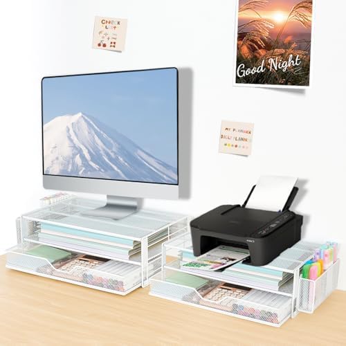 AUPSEN Computer Monitor Stands Riser，2-Tier Desk Organizers and Accessories, Office Desk Accessories Organizer with Drawers and 2 Pen Holder for Office Supplies (White) - Image 7