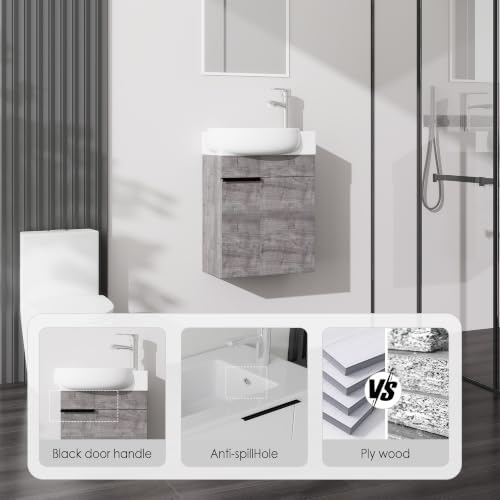 Yishang 16 Inch Grey Wall Mounted Floating Bathroom Vanity with Sink Combo - Image 3