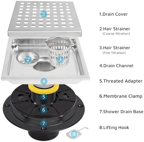 6" Square Shower Drain with Flange, Brushed Nickel, Grate Removable - Image 6