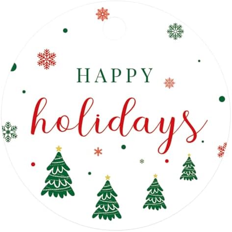 G2PLUS Happy Holiday Tags, 100PCS Christmas Holiday Tags, 2'' Round Holiday Gift Tags, Christmas Tree Paper Gift Tags with String for Xmas Gift Wrapping, DIY Arts & Crafts, Holiday Season Party Favors by G2PLUS