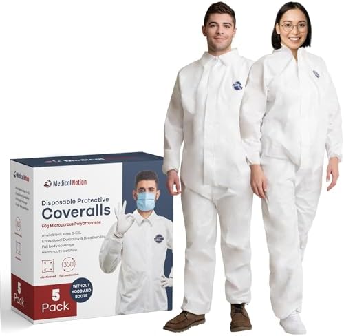 Medical Nation Hazmat Suits Disposable | 5 Pack, 2X-Large | Non-Hooded Protective Coveralls | Heavy Duty Full Body Painters Suit for Men & Women Without Hood - Breathable & Water Resistant - 2XL by MEDICALNATION