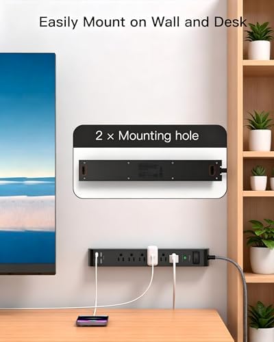 Flat Plug Extension Cord, Surge Protector Power Strip 15FT, 10-in-1 with 6 AC Outlets 4 USB Ports(2 USB-C), Extension Cord with Multiple Outlets, Wall Mountable, 1080J Surge Protection, Black - Image 5