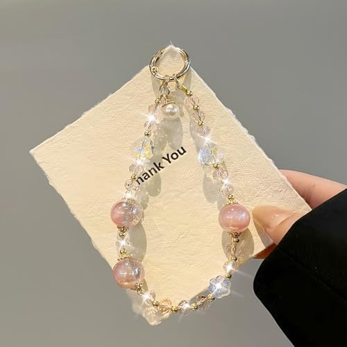 Sparkling Pink Phone Charm, Beaded Phone Wrist Strap for Women - Image 3