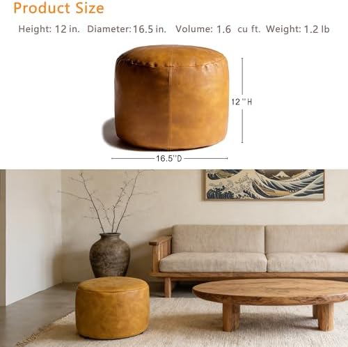 Thgonwid Unstuffed Faux Leather Pouf Cover, Handmade Footstool Ottoman Storage Solution, Floor Footrest Cushion, 16.5”Dx12”H, Yellow - Image 3
