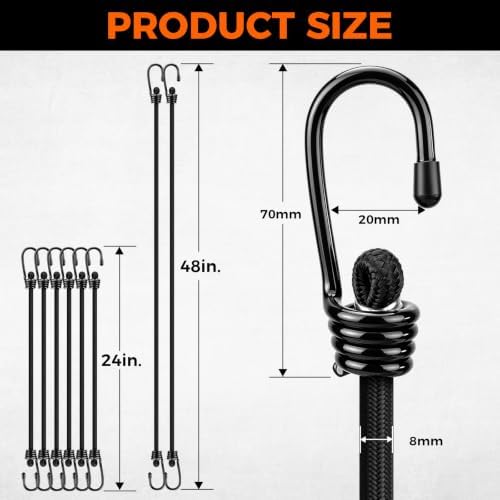 8-Piece 24 & 48 Inch Bungee Cords with Hooks, Heavy Duty Outdoor Elastic Bungee Straps, Industrial Grade Bungee Cord for Securing Tarps, Luggage, Tents, Bikes or Garden Tidying - Image 2