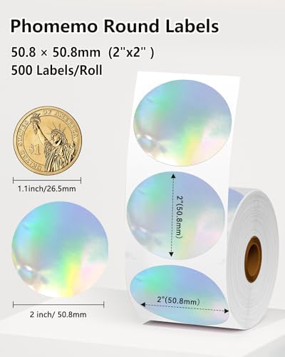 Phomemo 2” Circle Thermal Label, Self-Adhesive Round Direct Sticker Labels, Circular Thermal Printer Label for Logo Design, Name Tag, Thanks Card, Address, QR Code, 400 Pcs of Labels/Roll, Laser Color - Image 2