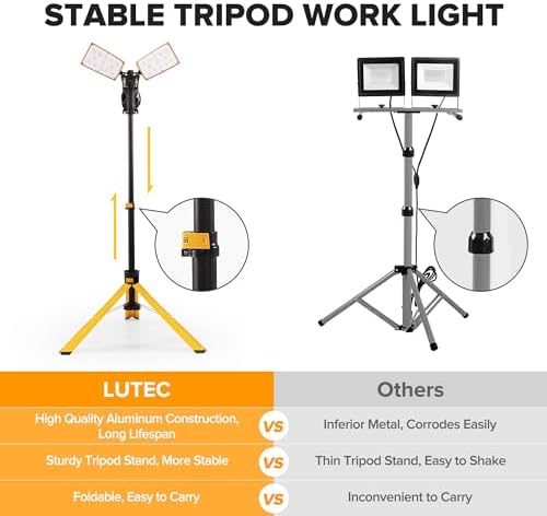 LUTEC 【Upgraded 5000K 15000 Lumen 105 Watt Dual-Head LED Work Light with Telescoping Tripod, Work Light with Stand Rotating Waterproof Lamps and 8 Ft 3-Prong Power Cord (Pack of 2) - Image 5