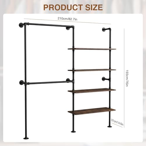 Industrial Pipe Clothing Rack with Double Hanging Rods Wall Mounted Garment Hanger Large Capacity Heavy Duty Clothes Organizer Wooden Clothes Storage Shelves for Walk In Closet Storage/Laundry Room - Image 6