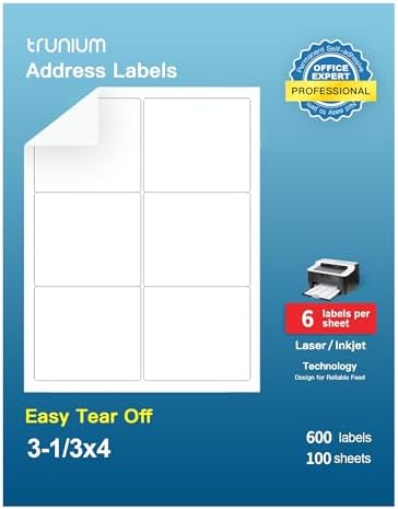 Address Labels, 3-1/3"x4 Shipping Address Labels, 600 Labels, 100 Sheets by TRUNIUM