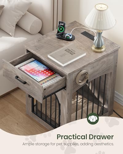 CHOEZON Dog Crate Furniture, Wooden Dog Kennel with Charging Station and Storage Drawer, Indoor Pet Crate End Table for Small Breeds, Dog Cage Furniture for Living Room, Bedroom, Greige MGW01UFH - Image 4
