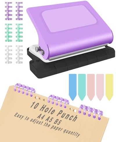 10 Hole Punch Binding Machine for Planners,Paper Puncher with Binder Rings,Punches Holes on B5,A4,A5 Paper,Metal Manual Binding System,Handheld Metal Circle Paper Puncher for Home Office Study,Purple by YARUKIMA