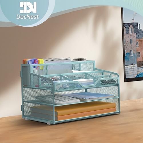 Docnest 3 Tier Mesh Desk Organizer with Letter Tray & Paper Sorter, Blue - Image 6