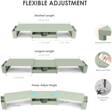 OPNICE Desk Organizers and Accessories, Dual Monitor Stand Riser with Drawer and 2 Pen Holders, Desk Shelf Computer Racks for Office Workspace Organizers, Desktop Organization (Sage Green) - Image 3