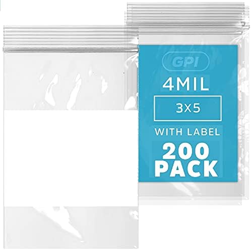 3" x 5" Zip Bags, 200 Pack, 4 Mil Heavy Duty, Write with White Block, GPI by GPI