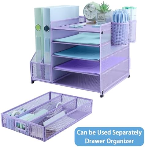 Desk Organiser with 2 Pack Magazine File Holder, 5-Tier Paper Tray Organiser with Drawer and 2 Pen Holder, Letter Tray Multifunctional for Office, School, Home - Purple - Image 4