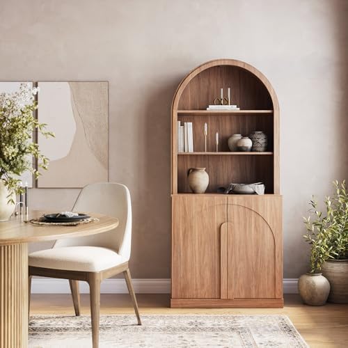 BELLEZE Arched Bookshelf with Storage, 71" Tall Wood Curio Display Cabinet with Adjustable Shelf, 5 Tier Modern Bookcase Shelf with Door for Living Room Office, Camel by BELLEZE