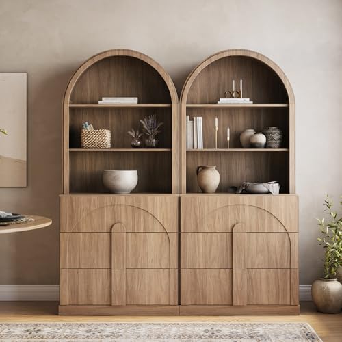 BELLEZE Arched Bookshelf with 3 Drawers Set of 2, 71" Tall Modern Wood Display Cabinet with Hutch, Modern Book Case Shelf with Storage Versatile Cupboard for Living Room Office, Camel - Image 5