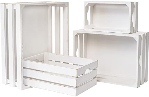 Set of 4 Large Wooden Crates Decorative, Whitewashed Nesting Wooden Crates for Display Rustic, Farmhouse Wooden Storage Container Boxes Made from 100% Wood by MACVAD