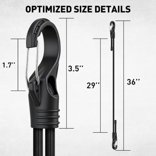 4-Piece 36-inch Adjustable Bungee Cords with Hooks, Easily Adjust from 7" to 36", Heavy Duty Outdoor Carabiner Bungee Cords, Black Super Elastic Cord for Cargo, Camping, Tents, Luggage - Image 2
