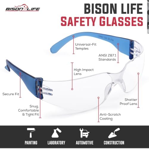 BISON LIFE Clear/Blue Safety Glasses for Men & Women, ANSI Z87.1, 6 Pack - Image 3