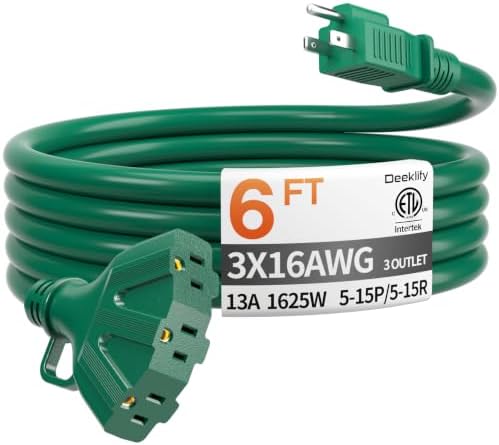 6FT 16 Gauge Green Outdoor Extension Cord with Multiple Outlets by Deeklify