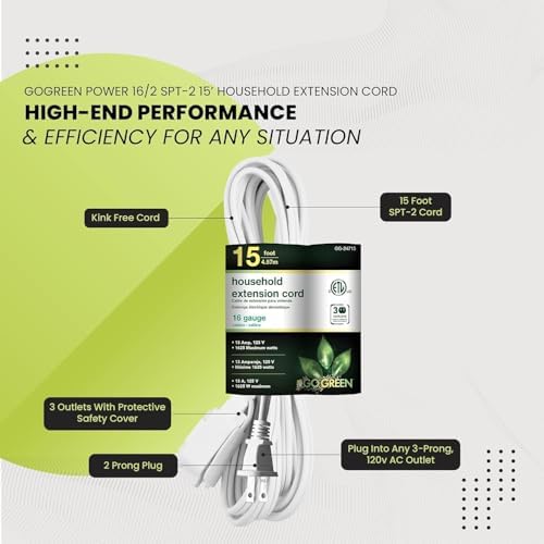 GoGreen Power Inc. (G-24715-5) 16/2 15' Household Extension Cord, 3 Outlets, White, 15ft, 5 Pack - Image 5