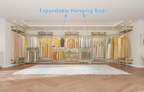 Timate L4 L Shape Garment Rack Heavy Duty for Hanging Clothes, Expandable Industrial Pipe Clothing Rack, Wall Mounted Closet Organizer Large Wardrobe Kit Corner System Gold - Image 3