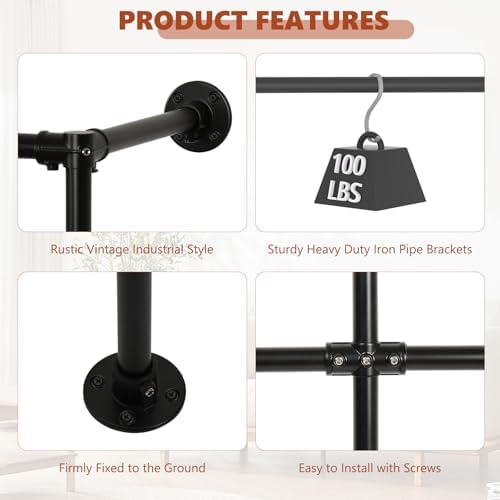 KELIXU 114.4" Industrial Pipe Clothing Rack for Wall Adjustable Height Wall Mounted Clothes Rack for Hanging Clothes, Heavy Duty Walk in Closet Systems, Garment Racks with Double Rods (Three, Black) - Image 4