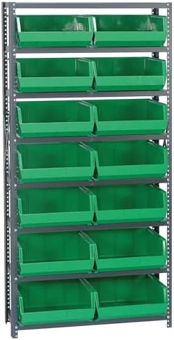Quantum Storage Systems QSBU-250GN Giant Open Hopper Steel Shelving System, 12" D x 36" W x 75" H, with 8 Shelves and 14 QUS250 Bins, Green by QuantumStorageSystems
