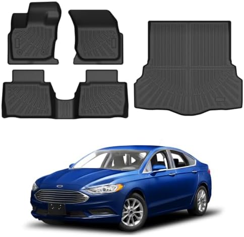 Powerty Floor Mats Cargo Liner for Ford Fusion/Lincoln MKZ Gas Model(Not for Hybrid) 2017-2020 All Weather 3D TPE Anti-Slip Car Protection, 1st & 2nd Row Set with Rear Cargo Mat Accessories by Powerty