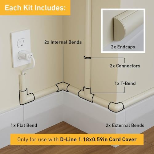 D-Line Medium Cable Raceway Accessory Pack, Join 1.18in x 0.59in Cord Cover Lengths, 10 Accessories Included, Hide Cords Around a Variety of Angles - Beige - Image 2
