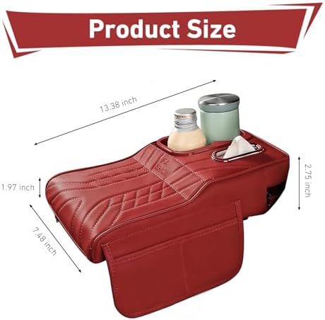 Car Center Console Booster Cover, Multifunctional Car Interior Arm Rest Box Storage Cushion with Cup Holder, Tissue Box, Side Pockets, Leather Memory Foam Armrest Pillow Protection (Red) - Image 2