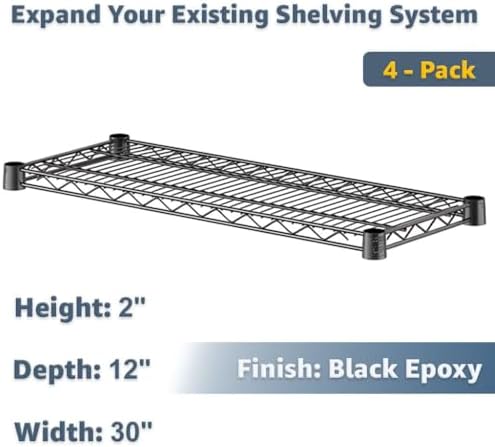 4-Pack 12"x30" Wire Shelves Black | 600lb Load Capacity NSF Commercial Storage Rack Unit - Image 2
