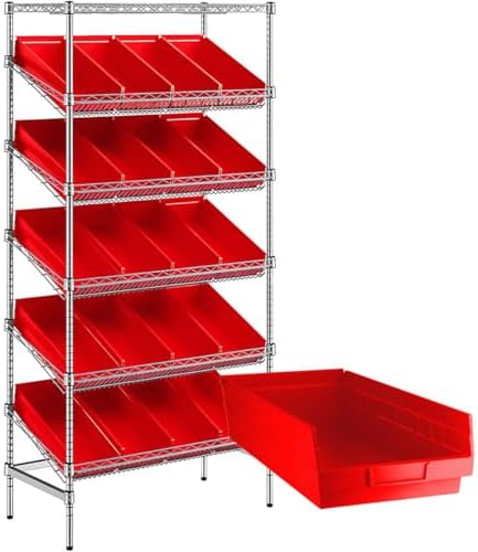 18" x 36" x 74" Heavy-Duty Commercial Chrome Shelving Unit with 20 Red Storage Bins - Metal Wire Utility Shelf for Tool, Office, Garage, and Warehouse Organization - Durable Storage Cabinet by Zedfire