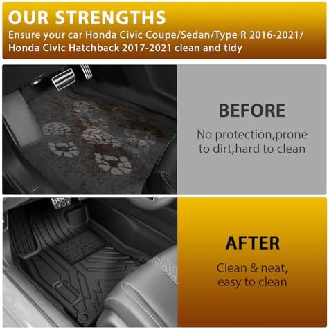Powerty Floor Mats for 2016-2021 Honda Civic Coupe/Sedan/Type R, 2017-2021 Honda Civic Hatchback All Weather 3D TPE Anti-Slip Car Liners for 1st & 2nd Row Accessories - Image 6